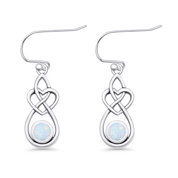 Round Lab Created White Opal Celtic Knot Heart Fishhook Earring 925 Sterling Silver